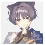  1boy animal_ears border cat_boy cat_ears clothing_request genshin_impact highres japanese_clothes light_blue_background long_sleeves looking_at_viewer male_focus purple_hair red_eyeliner scaramouche_(genshin_impact) short_hair sk20864 solo tongue tongue_out violet_eyes wanderer_(genshin_impact) white_border 