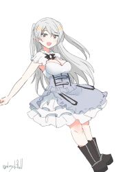  1girl armpit_cutout black_boots boots breasts brown_eyes cleavage_cutout clothing_cutout conte_di_cavour_(kancolle) conte_di_cavour_nuovo_(kancolle) dress frilled_dress frills grey_dress grey_hair highres kantai_collection large_breasts layered_dress long_hair one-hour_drawing_challenge robinson_(day_l_full) simple_background smile solo twitter_username two-tone_dress two_side_up white_background 