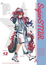  1boy :d absurdres ankle_boots arknights arm_up black_sleeves black_socks boots chinese_commentary chinese_text commentary_request earrings english_commentary english_text fan_mu_zhang full_body green_eyes grey_vest hair_between_eyes highres holding horns jacket jewelry kneehighs long_hair male_focus open_mouth pointy_ears purple_hair red_hair shorts sleeves_past_wrists smile socks solo standing tail translation_request vest visor_cap web_address white_boots white_jacket white_shorts yu_(arknights) 