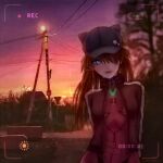  1girl black_headwear blue_eyes eyepatch highres jersey landscape nature neon_genesis_evangelion redhead souryuu_asuka_langley sunset viewfinder 