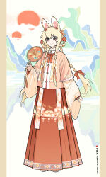  1girl absurdres alternate_costume alternate_hairstyle animal_ears bad_source blonde_hair bow braid chinese_clothes closed_mouth feiren_zai flower full_body hair_bow hair_flower hair_ornament hair_rings hand_fan hanfu highres holding holding_fan long_hair long_sleeves looking_at_viewer mamianqun mountain paper_fan rabbit_ears red_bow red_skirt ribbon skirt sleeves_past_wrists smile solo standing sun tuanshan twin_braids uchiwa very_long_hair watermark wide_sleeves xiaoyu_(feiren_zai) yizhu_tiannanxing_zhiwu 