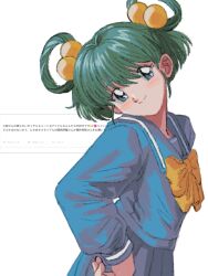  1girl absurdres blue_sailor_collar blue_serafuku blue_shirt blue_skirt bow bowtie closed_mouth cowboy_shot green_eyes green_hair hair_bobbles hair_ornament hair_rings highres kirameki_high_school_uniform long_sleeves looking_at_viewer pleated_skirt request_inset retro_artstyle sailor_collar school_uniform serafuku shirt short_hair simple_background skirt smile solo standing subro tatebayashi_miharu tokimeki_memorial tokimeki_memorial_1 translation_request white_background yellow_bow yellow_bowtie 