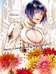  1boy black_hair blue_eyes blue_hair blunt_bangs bob_cut bouquet bruno_bucciarati chest_tattoo cleavage_cutout clothing_cutout flower hair_ornament hairclip happy_birthday highres italian_text jojo_no_kimyou_na_bouken male_focus mikan03260 pectoral_cleavage pectorals solo tattoo vento_aureo zipper 