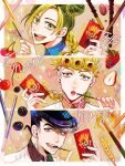  1girl 2boys alternate_costume black_hair blonde_hair blue_eyes braid cone_hair_bun diamond_wa_kudakenai double_bun food formal fruit giorno_giovanna green_eyes green_hair green_lips hair_bun higashikata_josuke highres jojo_no_kimyou_na_bouken kujo_jolyne mikan03260 multicolored_hair multiple_boys pocky pompadour purple_hair stone_ocean strawberry two-tone_hair vento_aureo 