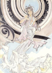  1girl aa_megami-sama absurdres antenna_hair belldandy blue_eyes brown_hair clouds dress facial_mark forehead_mark fujishima_kousuke hand_on_own_chest highres long_hair non-web_source official_art self-scan shawl sky smile 