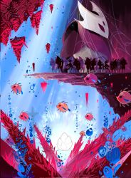  1boy 6+others abstract_background armor arthropod_boy black_background blue_background blue_scarf bubble cliff colored_skin crust_king_khann_(hollow_knight) diymivokin extra_eyes facing_to_the_side falling_rock flower glowing_flower gradient_background grey_skin helmet highres holding holding_sword holding_weapon hollow_eyes hollow_knight hollow_knight:_silksong horned_mask kai_(hollow_knight) kakri_(hollow_knight) karaka_(hollow_knight) light_rays looking_at_another looking_to_the_side mask mature_male multiple_others orange_skin pauldrons pink_armor pink_background pink_helmet pink_skin planted planted_sword red_skin scar scar_across_eye scar_on_face scarf shoulder_armor silhouette silk spider_web spikes statue steelspine_kai_(hollow_knight) sword two-tone_background underwater water weapon white_flower white_mask wings 