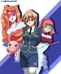 3girls alternate_costume arms_behind_back bangs blonde_hair cyber_petit_angel cyber_tutu dancing deviantart_username etoile_cyber fanart_from_deviantart glasses happy jacket long_hair necktie orange_hair pink_hair shirt short_hair sincity2100 skirt teacher tenjouin_asuka uniform violet_eyes yellow_eyes yu-gi-oh! yuu-gi-ou yuu-gi-ou_gx