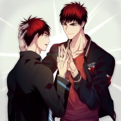  2boys arm_up black_jacket chicago_bulls closed_mouth collarbone commentary_request cowboy_shot crew_neck forked_eyebrows gakuran hand_on_another's_head jacket kagami_taiga kuroko_no_basuke layered_sleeves male_focus multiple_boys national_basketball_association open_clothes open_jacket open_mouth red_eyes red_hair red_shirt school_uniform shirt short_hair smile time_paradox wolfsea 