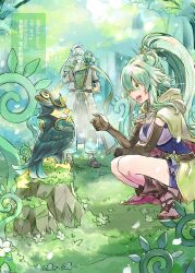  1boy 1girl beard bird breasts duel_monster facial_hair flower forest gloves grass green_hair green_scarf gusto_gulldo hawk highres long_beard mizutama_(mizutamalion) moss nature open_mouth plant ponytail ritual_beast_tamer_elder rock scarf spiritual_beast_cannahawk spiritual_beast_tamer_winda squatting toes tree twitter_username waraji white_hair winda_(yu-gi-oh!) yu-gi-oh! 