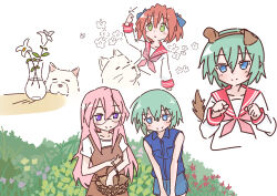  3girls absurdres animal_ear_hairband animal_ears apron aqua_eyes basket blue_bow blue_shirt bow brown_apron bush cherry_(lucky_star) fake_animal_ears flower green_eyes green_hair hairband highres holding holding_basket iwasaki_minami kobayakawa_yutaka lucky_star multiple_girls neckerchief paw_pose pink_hair pink_neckerchief red_hair ryouou_school_uniform school_uniform shirt short_twintails sketch sleeveless sleeveless_shirt smile table takara_miyuki twintails vase violet_eyes white_background white_shirt yq9nhoedbnmi6iy 