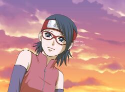  1girl black_eyes black_hair boruto:_naruto_next_generations breasts commentary detached_sleeves forehead_protector glasses headband highres konohagakure_symbol light_smile matsu_(fu6ide2) naruto_(series) orange_sky purple_sky red-framed_eyewear red_headband sky small_breasts solo twitter_username uchiha_sarada upper_body watermark 