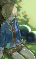  1girl against_tree aolos aolos_(aolos_1204) arm_support arms_at_sides blazer blonde_hair blue_jacket breasts brown_skirt closed_eyes closed_mouth collared_shirt dappled_sunlight day eyelashes feet_out_of_frame grass hair_between_eyes hair_ornament hair_over_one_eye hairclip heaven_burns_red jacket kayamori_ruka long_sleeves miniskirt narby_(heaven_burns_red) necktie on_grass one_eye_covered open_clothes open_jacket outdoors plaid_clothes plaid_skirt pleated_skirt red_necktie school_uniform shade shirt short_hair sitting skirt sleeping slime_(creature) smile solo sunlight tree tree_shade under_tree white_shirt 