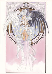  1990s_(style) 2girls aa_megami-sama absurdres angel angel_wings art_nouveau belldandy black_wings clouds dark-skinned_female dark_skin dress facial_mark feathered_wings forehead_mark fujishima_kousuke heterochromia highres long_hair multicolored_hair multiple_girls non-web_source official_art purple_dress retro_artstyle scan self-scan skuld_(aa_megami-sama) split-color_hair two-tone_hair urd_(aa_megami-sama) violet_eyes white_hair white_wings wings world_of_elegance 