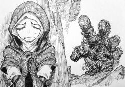  1boy 1girl absurdres black_capelet black_gloves capelet chronozbergh closed_eyes crying elden_ring elden_ring_nightreign english_commentary gloves greyscale hatching_(texture) hiding highres hood ironeye_(elden_ring) linear_hatching mask monochrome nun own_hands_clasped own_hands_together praying reaching reaching_towards_another traditional_media undertaker_(elden_ring) upper_body white_coif 