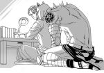  2boys animal_ears book cat_ears chabudai_(table) cheekbones desk_lamp diamond_wa_kudakenai indian_style jojo_no_kimyou_na_bouken killer_queen kira_yoshikage kneeling lamp looking_at_viewer male_focus merumeru626 monochrome multiple_boys reading sitting stand_(jojo) table 