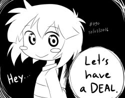 1other 2016 2d ambiguous_gender black_background blush_stickers chara_(undertale) child coffgirl commentary dated digital_media english_commentary english_text high_constrast holding holding_knife horizontal-striped_clothes human knife knife_behind_back lineart looking_at_viewer monochrome other_focus shirt short_hair shorts simple_background single_horizontal_stripe smile solo striped_clothes striped_shirt text two-tone_shirt undertale utdr_(toby_fox)