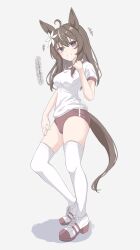 1girl animal_ears blush breasts brown_eyes brown_hair buruma commentary_request flower full_body hair_between_eyes hair_flower hair_ornament highres horse_ears horse_tail long_hair looking_at_viewer medium_breasts original shoes solo tail thigh-highs tofu_thunder translation_request white_background 