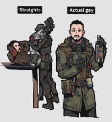  3boys alcohol assisted_stretching asymmetrical_hair beard black_coat black_gloves black_hair black_pants brown_jacket buzz_cut camouflage chinese_commentary coat commentary_request english_text exercising facial_hair fukurau full_body gloves green_coat grey_background grin headphones headphones_around_neck jacket looking_at_viewer male_focus military_uniform multiple_boys mustache pants richter_(stalker) short_hair sidecut simple_background sit-up skif_(stalker_2) smile snow_camouflage stalker_(game) stalker_2:_heart_of_chornobyl standing strider_(stalker) undercut very_short_hair vodka white_pants 