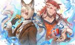  2boys alternate_costume animal_ears black_gloves black_nails black_shirt blonde_hair blue_background blue_ribbon box braid brown_jacket closed_mouth contemporary copyright diagonal_bangs erune expressionless falling_petals french_braid gift gift_box glasses gloves granblue_fantasy grin hair_ornament hair_pulled_back hair_ribbon hairclip heterochromatic_eyewear holding holding_gift jacket lapel_pin lens_flare long_hair looking_at_viewer lu_woh_(granblue_fantasy) medallion multicolored_hair multiple_boys official_art one_eye_closed open_clothes open_jacket orange_sweater pectoral_cleavage pectorals petals redhead ribbon shirt single_braid smile streaked_hair sweater turtleneck turtleneck_sweater upper_body white_background white_hair white_jacket white_sweater wilnas_(granblue_fantasy) yellow_eyes 