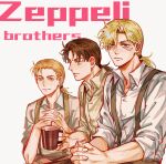  3boys alternate_hairstyle battle_tendency blonde_hair brothers brown_hair caesar_anthonio_zeppeli cup facial_mark fingernails green_eyes highres holding holding_cup jojo_no_kimyou_na_bouken male_focus multiple_boys ponytail siblings smile suspenders zhoujo51 
