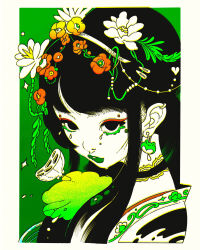  1girl absurdres black_hair bouffant camellia choker english_commentary flower ginkgo_leaf green_theme hair_flower hair_ornament highres japanese_clothes kimono leaf lipstick long_hair lotus makeup mascara meta_a original plant_request princess runny_makeup spot_color upper_body 
