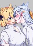  2girls anisphia_wynn_palettia black_ribbon blonde_hair blue_hair blush bow braid closed_eyes collared_shirt euphyllia_magenta facing_another fang frilled_shirt_collar frills from_side grey_background hair_between_eyes hair_bow hair_ribbon half_updo hand_on_another&#039;s_arm highres imminent_kiss kemonomimi_mode leaning_forward light_blue_hair long_hair looking_at_another medium_bangs mobi_(mo_mo_momokun) multiple_girls open_mouth parted_bangs ribbon shirt short_hair simple_background smile tensei_oujo_to_tensai_reijou_no_mahou_kakumei upper_body white_shirt yellow_bow yuri 