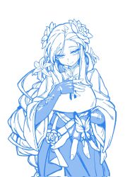  1girl amaya_5321 asymmetrical_bangs blue_outline braid breasts bug butterfly butterfly_on_hand closed_mouth dizzy_(guilty_gear) elbow_gloves fingerless_gloves flower gloves guilty_gear guilty_gear_strive hair_flower hair_ornament hand_on_own_chest highres lineart long_hair looking_at_viewer medium_breasts outline queen_dizzy red_eyes smile solo swept_bangs tunic upper_body very_long_hair white_background 