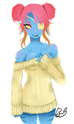 1girl 2019 2d alternate_costume alternate_hairstyle anthro banjigamu black_eyepatch blue_skin breasts cleavage colored_sclera colored_skin cowboy_shot digital_media double_bun ear_fins eyepatch female fins fish fish_girl hair_bun hand_on_own_chest head_fins high_ponytail long_hair looking_at_viewer monster_girl ponytail red_hair sharp_teeth signature simple_background slit_pupils solo straight-on sweater undertale undyne utdr_(toby_fox) white_background yellow_sclera yellow_sweater yellow_teeth