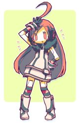  1girl ahoge android black_gloves black_thighhighs boots dress full_body fur_dress gloves hand_on_own_forehead hand_on_own_hip hashtag-only_commentary headset huge_ahoge joints knee_boots long_hair negiwave2000 open_mouth orange_eyes orange_hair orange_thighhighs robot_joints sf-a2_miki sleeveless sleeveless_dress solo star_(symbol) striped_clothes striped_thighhighs thigh-highs two-tone_thighhighs very_long_hair vocaloid white_boots white_dress 