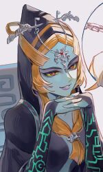  1girl black_skin blue_skin colored_sclera colored_skin eyeshadow front_ponytail grey_skin makeup midna midna_(true) multicolored_skin neon_trim orange_hair purple_eyeshadow purple_lips rain_rkgk the_legend_of_zelda the_legend_of_zelda:_twilight_princess two-tone_skin yellow_sclera 