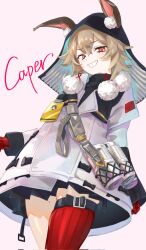  1girl animal_ears arknights caper_(arknights) character_name gloves grin highres id_card jacket looking_at_viewer mole mole_on_thigh pink_background rabbit_ears rabbit_girl red_eyes red_gloves shuan06arrutan smile solo standing thighs white_jacket 