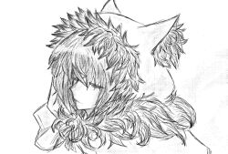  animal_ear_fluff animal_ears black_souls black_souls_2 capelet closed_eyes closed_mouth fake_animal_ears fur-trimmed_capelet fur-trimmed_hood fur_trim greyscale hair_over_eyes hood hood_up monochrome red_hood_(black_souls) ribbon sadleyn short_hair white_background 