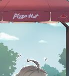  1boy ahoge alhaitham_(genshin_impact) clouds commentary company_name day genshin_impact grey_hair highres out_of_frame outdoors pizza_hut sky solo tree xinzoruo 