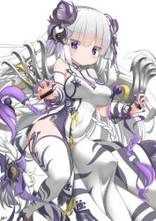 1girl absurdres animal_ears artist_name bare_shoulders blunt_bangs blush braid breasts chinese_clothes claw_(weapon) claws double_bun dress hair_bun hair_ornament haku_(p&amp;d) highres lilium0235 long_hair looking_at_viewer medium_breasts multicolored_hair purple_hair puzzle_&amp;_dragons solo tail thigh-highs tiger_ears tiger_tail twin_braids two-tone_hair weapon white_hair 