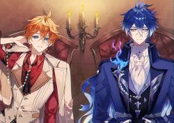  ascot black_gloves black_hair blue_coat blue_eyes blue_hair closed_mouth coat flins_(genshin_fes_2026)_(genshin_impact) flins_(genshin_impact) genshin_impact gloves hair_between_eyes holding long_hair looking_at_viewer male_focus multicolored_hair multiple_boys official_alternate_costume orange_hair shirt short_hair smile tartaglia_(genshin_fes_2026)_(genshin_impact) tartaglia_(genshin_impact) torisukedesu white_shirt yellow_eyes 