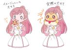  1girl alternate_body_size belt bird blush_stickers bracelet dress expectations/reality hair_bun highres hirogaru_sky!_precure holding jewelry long_hair necktie nene_(oneoneo13) nijigaoka_mashiro pink_hair precure red_necktie white_background yuunagi_tsubasa yuunagi_tsubasa_(bird) 