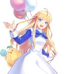  ahoge alpha_transparency artist_request balloon bird blonde_hair blue_bow blue_eyes blue_sleeves bow braid breasts cotton_candy dress dress_bow food high_collar holding holding_balloon holding_cotton_candy holding_food ispin_charles jellyppi layered_dress layered_sleeves leaf leaf_jellyppi long_dress long_hair long_sidelocks long_sleeves looking_at_viewer low-braided_long_hair low-tied_long_hair medium_breasts narrow_waist nexon official_art open_hand open_mouth second-party_source short_over_long_sleeves short_sleeves sidelocks sleeve_cuffs slime_(creature) straight_hair tales_weaver teeth tongue twin_braids upper_teeth_only very_long_hair waving white_sleeves yellow_bird 