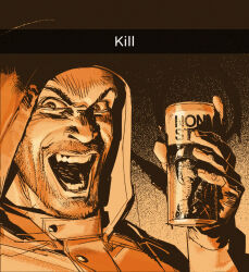  1boy beard can energy_drink facial_hair fukurau holding holding_can hood hood_up hooded_jacket jacket looking_at_viewer male_focus meme monochrome non_stop_energy open_mouth orange_theme scar_(stalker) smile snapchat snapchat_kill_guy_(meme) solo stalker_(game) stalker_2:_heart_of_chornobyl upper_body v-shaped_eyebrows 