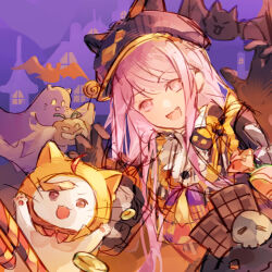  1girl absurdres ahoge animal_ear_headwear animal_ears bat_(animal) bib_collar black_bow black_dress black_gloves black_hat bow bowtie brown_eyes buttons candy castle cat_ears chocolate claw_pose cloak collared_dress cowboy_shot dress ear_covers fake_animal_ears fang food frilled_sleeves frills ghost gloves gradient_gloves halloween happy hat high_collar highres holding holding_candy holding_food holding_lollipop holding_pumpkin hood hood_up hooded_cloak infinity_nikki jack-o'-lantern lollipop long_hair long_sidelocks long_sleeves momo_(nikki) multicolored_gloves newsboy_cap night nikki_(nikki) nikki_(series) ofuda ofuda_on_head open_mouth orange_bow orange_bowtie orange_gloves outdoors pink_eyes pink_hair polka_dot polka_dot_bow puffy_long_sleeves puffy_sleeves pumpkin purple_bow purple_bowtie purple_sky red_bow red_bowtie shoulder_bow sidelocks sketch skull sky smile swirl_lollipop two-tone_bow two-tone_bowtie two-tone_gloves very_long_hair whiskers yozen 