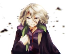  1boy agatha_flattz bandana cross cross_necklace grey_eyes grey_hair higyaku_no_noel hood hoodie jewelry male_focus nanoko necklace purple_hoodie scar scar_on_face smile upper_body 