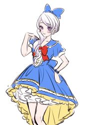  1girl absurdres aoiyuuna_811 bow commentary_request cosplay daisy_duck disney disneyland donald_duck donald_duck_(cosplay) dress hair_bow highres humanization jewelry looking_at_viewer mickey_mouse_&amp;_friends puffy_sleeves short_sleeves smile solo violet_eyes white_hair 