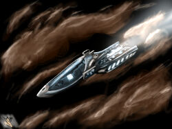  artist_logo brown_background cloud_background clouds commentary dark_background english_commentary eve_online gallente_federation_(eve_online) glowing highres logo no_humans novafox original outdoors science_fiction spacecraft vehicle_focus 