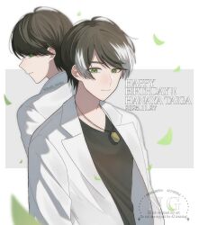  1boy animification black_hair black_shirt character_name closed_mouth coat commentary_request dated dog_tags green_eyes grey_background hanaya_taiga happy_birthday highres hoshi_no_shizuku kamen_rider kamen_rider_ex-aid_(series) lab_coat lapels layered_clothes leaf male_focus multicolored_hair notched_lapels shirt short_hair smile twitter_username two-tone_background two-tone_hair upper_body v-neck watermark white_background white_coat white_hair 