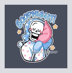 1boy 2025 2d artist_name blue_background blue_hat blue_mittens border closed_eyes cropped_torso digital_media grey_border hat highres holding holding_pillow humanoid male male_focus male_only mittens monster monster_boy multi_milliepop nightcap open_mouth outline pajamas papyrus_(undertale) pillow polka_dot polka_dot_pajamas revision simple_background skeleton sleeping solo sticker_(medium) teeth two-tone_background two-tone_pajamas undead undertale utdr_(toby_fox) white_outline white_pajamas