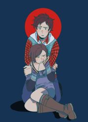  1boy 1girl :t aqua_vest arms_around_neck ayellowapple blue_eyes blush blush_stickers boots brown_boots brown_hair commentary dress english_commentary hands_on_another's_arm highres junpei_(kyokugen_dasshutsu) kneeling kurashiki_akane kyokugen_dasshutsu kyokugen_dasshutsu:_9_jikan_9_nin_9_no_tobira long_hair long_sleeves photo-referenced plaid_clothes plaid_shirt purple_dress red_shirt sad shirt short_hair simple_background vest 