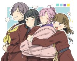  +++ ... 4girls 524ryo :d ahoge anyoji_hime black_hair blue_background blunt_bangs blunt_ends blush bob_cut border braid breasts brown_dress brown_hair center-flap_bangs closed_eyes commentary dress flower flower_knot green_eyes grey_hair hair_flower hair_ornament hasu_no_shoushihenkei hasu_no_sora_school_uniform heart highres hood hooded_jacket jacket jellyfish_cut kachimachi_kosuzu katsuragi_izumi link!_like!_love_live! long_hair long_sleeves love_live! medium_breasts momose_ginko multi-tied_hair multiple_girls neckerchief open_clothes open_jacket open_mouth outline outside_border pink_eyes pink_hair pink_jacket pleated_dress ponytail sailor_collar sailor_dress school_uniform shared_clothes shared_jacket short_hair side_braids sidelocks simple_background smile sparkle speech_bubble spoken_+++ spoken_ellipsis spoken_heart symbol-only_commentary triangle_hair_ornament turtleneck upper_body virtual_youtuber white_border white_flower white_outline white_sailor_collar winter_uniform yellow_neckerchief 