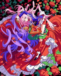  2girls blue_eyes dark-skinned_female dark_skin dress flower green_eyes highres himemiya_anthy holding holding_sword holding_weapon long_hair long_sleeves meremero multiple_girls pink_hair purple_hair red_dress red_flower red_shorts red_socks shoes shorts shoujo_kakumei_utena signature sleeveless sleeveless_dress socks sword sword_of_dios tenjou_utena twitter_username very_long_hair weapon white_shoes 