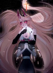  2girls angel angel_and_devil angel_wings black_nails bleeding blonde_hair blood blood_from_eyes broken_wing charlie_morningstar circle_facial_mark colored_sclera colored_skin cross demon_horns fingernails gold_blood grey_hair grey_skin hazbin_hotel hellaverse highres horns hug hug_from_behind i1i1i1i1i1 light_rays long_hair multiple_girls open_mouth own_hands_together praying red_sclera sharp_fingernails short_hair slit_pupils teeth tiara upper_teeth_only vaggie very_long_hair white_skin wings 