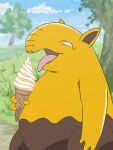  absurdres black_eyes clouds commentary_request day drowzee eating food grass highres holding ice_cream ice_cream_cone looking_down no_humans open_mouth outdoors pokemon pokemon_(creature) polyushitako sky solo standing tongue tongue_out tree 