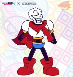1boy 2021 2d armor blue_shorts boots cape closed_eyes copyright_name digital_media full_body gloves hand_on_own_chest hand_on_own_hip highres humanoid legs_apart male male_focus male_only monster monster_boy papyrus_(undertale) parody puyopuyo puyopuyo_tetris_2 red_boots red_cape red_gloves rodri117 shorts skeleton solo standing style_parody teeth text undead undertale utdr_(toby_fox) white_armor